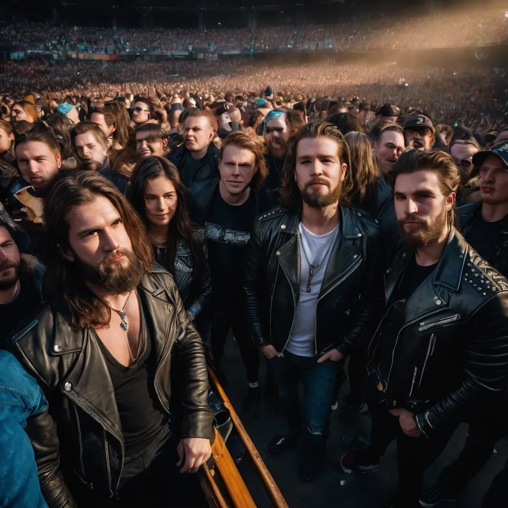 A group of heavy metal fans in leather jackets at a rock concert.