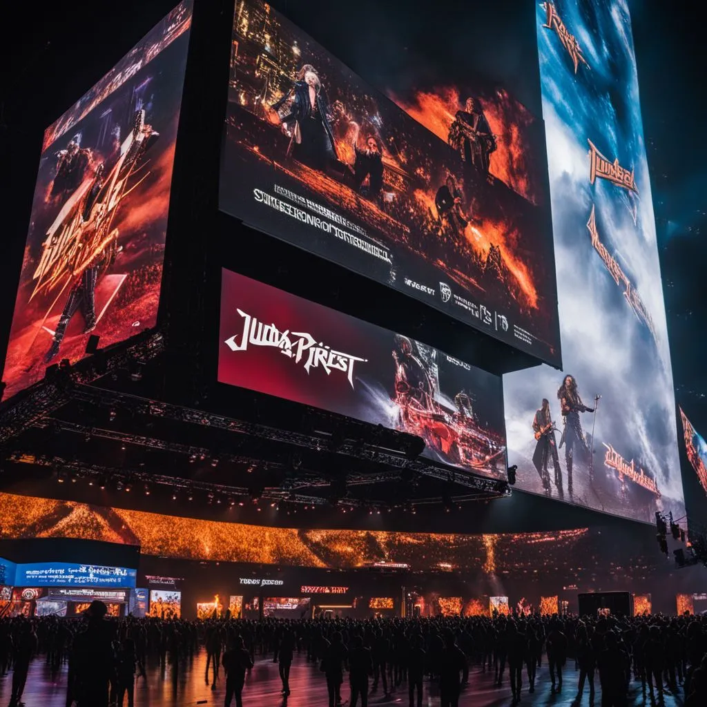 A stage set with projected Judas Priest tour dates and cityscape.