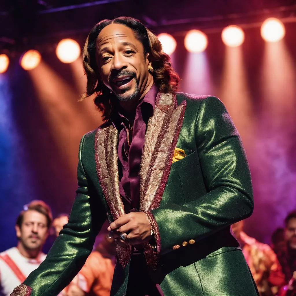 A vibrant stage performance by Katt Williams surrounded by a cheering crowd.