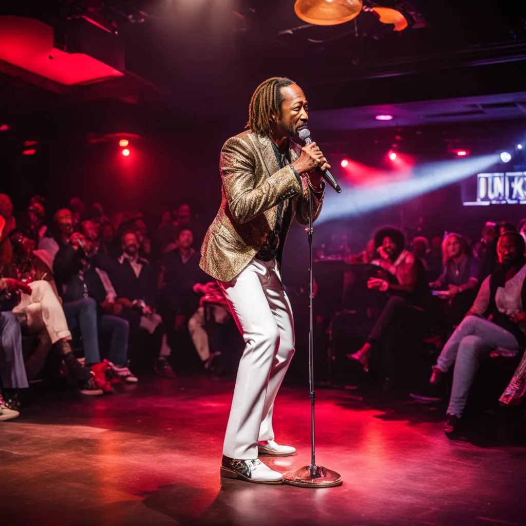 Katt Williams performing comedy on stage at a packed club.