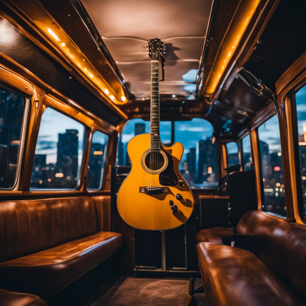 A guitar on a vintage tour bus surrounded by city lights.
