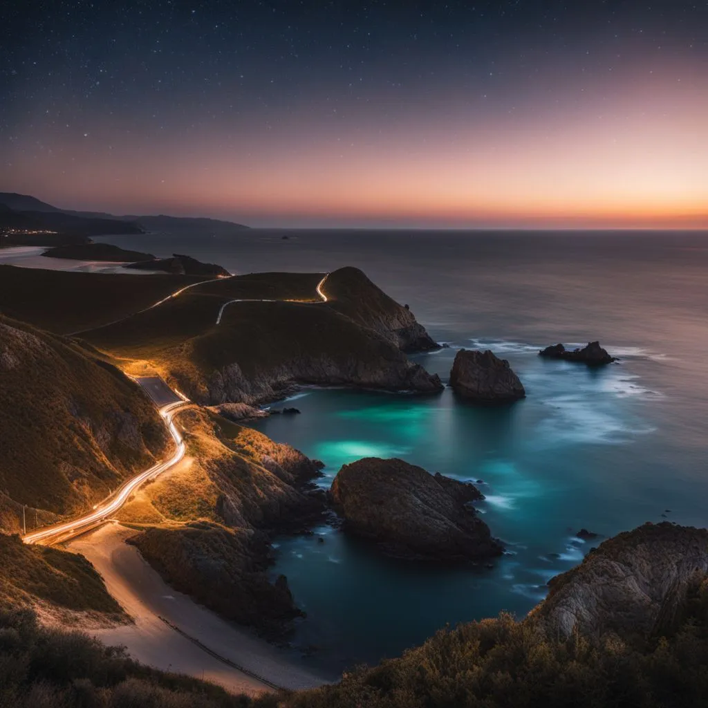 A coastal landscape with a starry sky and stage lights.