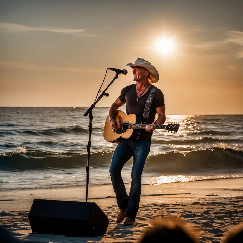Kenny Chesney performing at sunset on a beach stage.