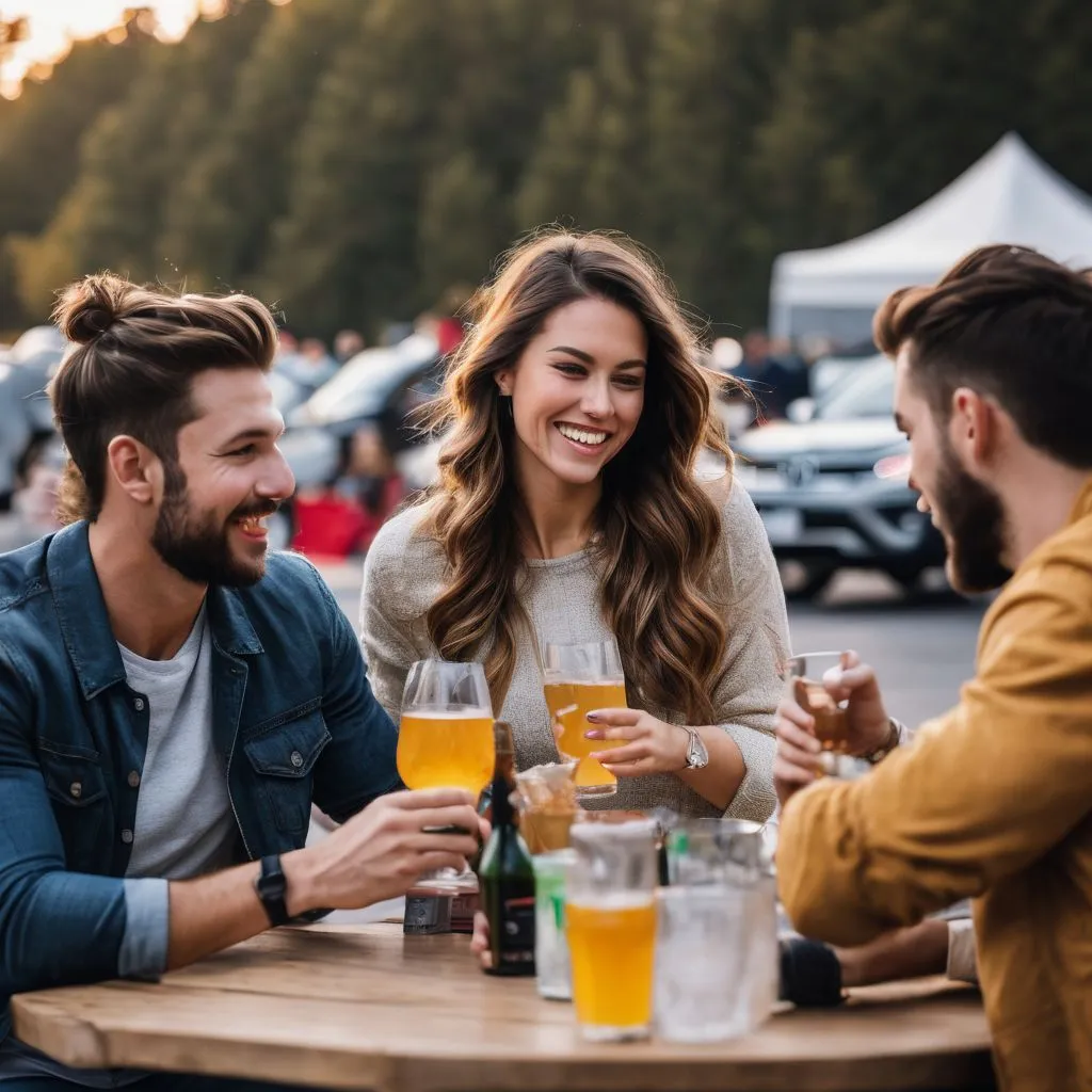A group of friends enjoying a lively tailgate party in a stadium parking lot.