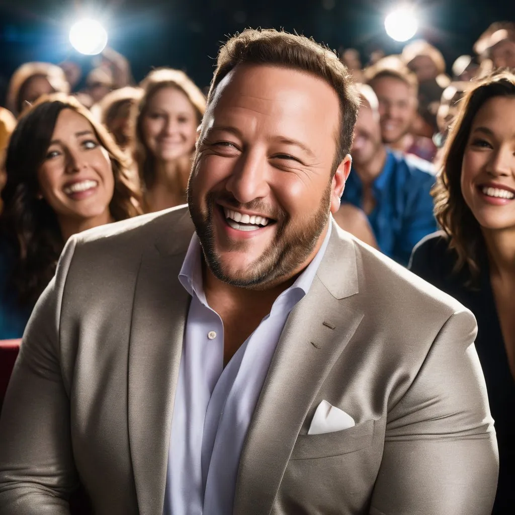 Kevin James sharing a laugh with a diverse audience in a packed theater.