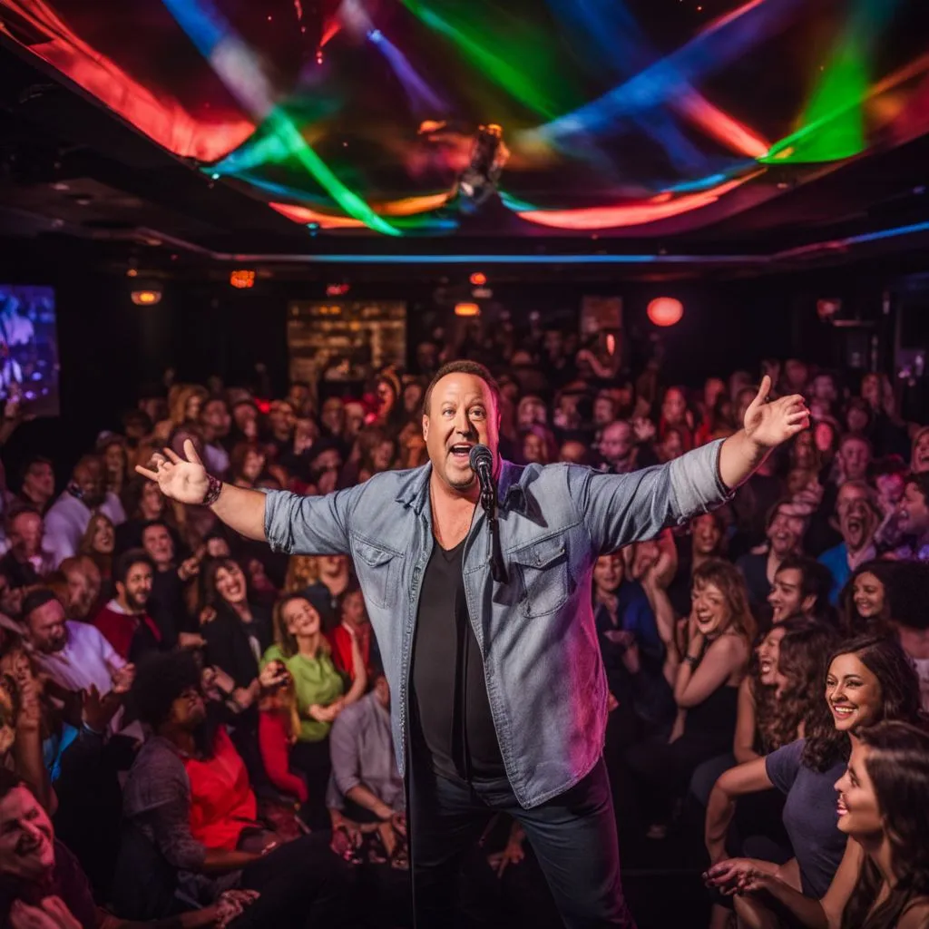 Kevin James performing stand-up comedy in a packed comedy club.