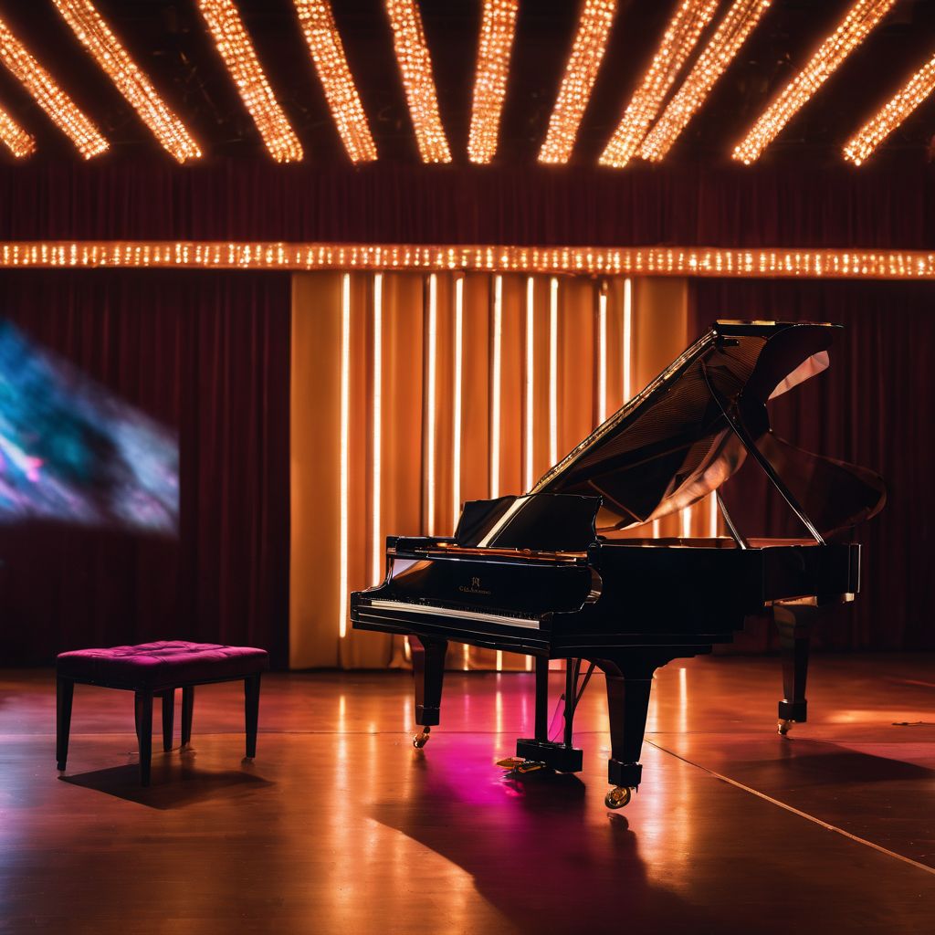 A grand piano on an empty stage with various people.