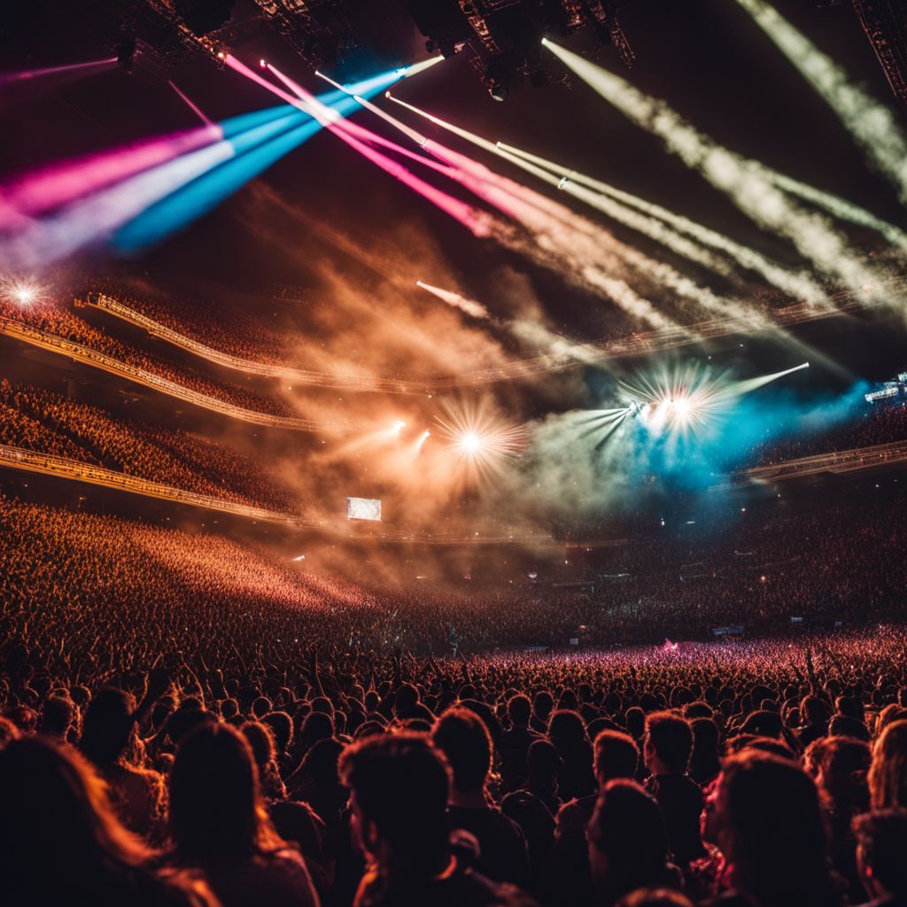 A crowded stadium filled with enthusiastic fans enjoying a concert.