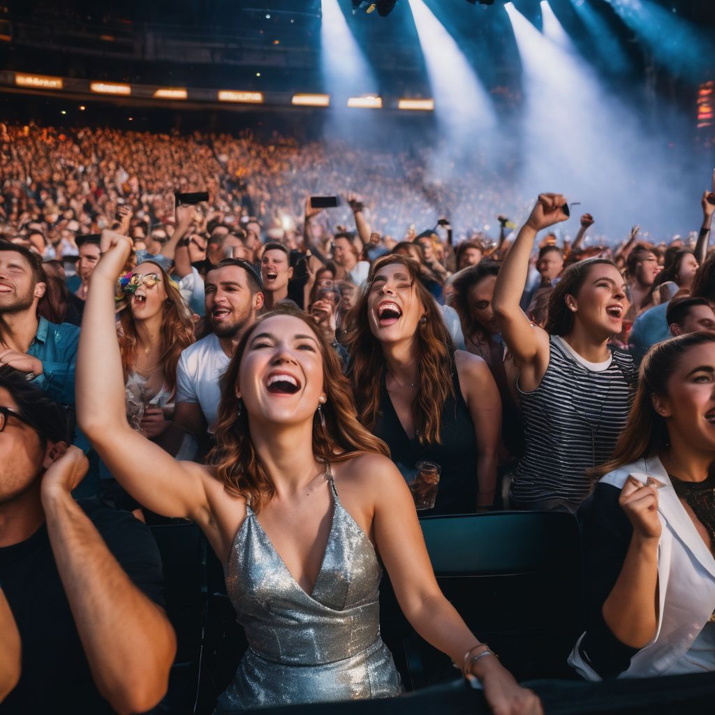 A diverse group of fans singing along in the front row at a concert.
