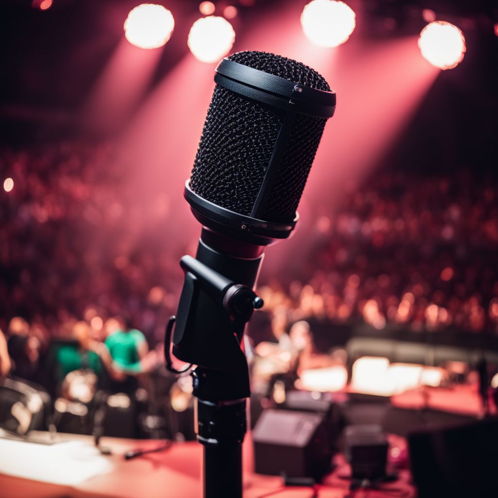 A photo of a microphone on a stage with a bustling atmosphere.