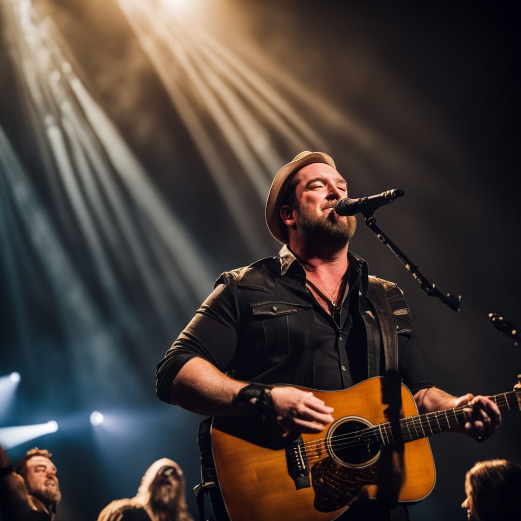 Lee Brice performing on stage with a guitar in hand.
