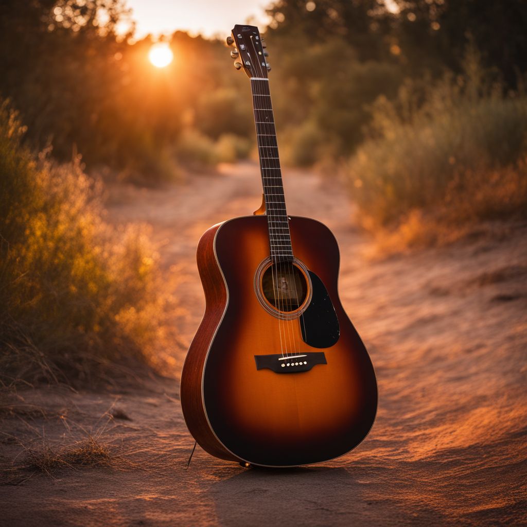 A rugged acoustic guitar against a vibrant sunset backdrop.