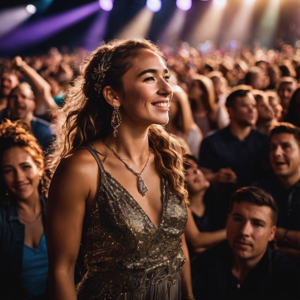 Audience swaying to Lauren Daigle's music at a well-lit concert.