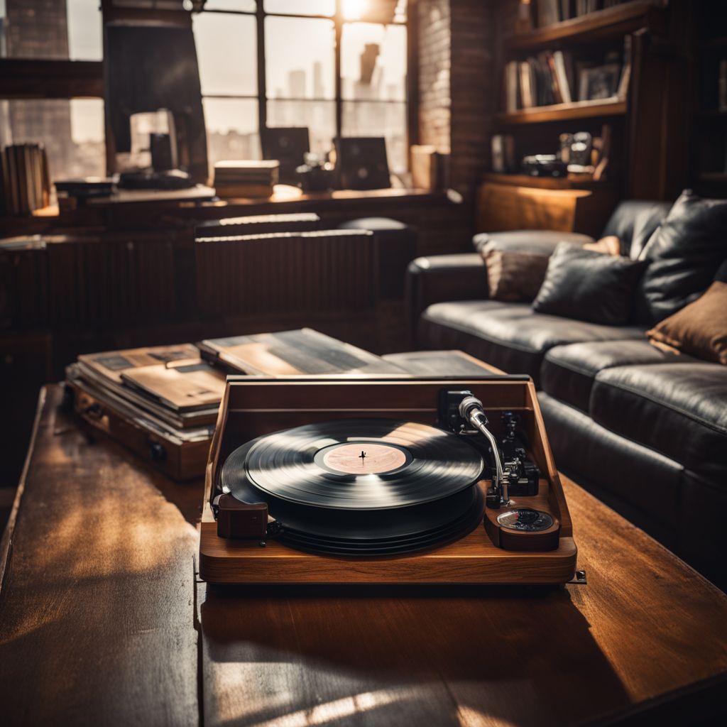 A vintage record player surrounded by vinyl records and cityscape photography.