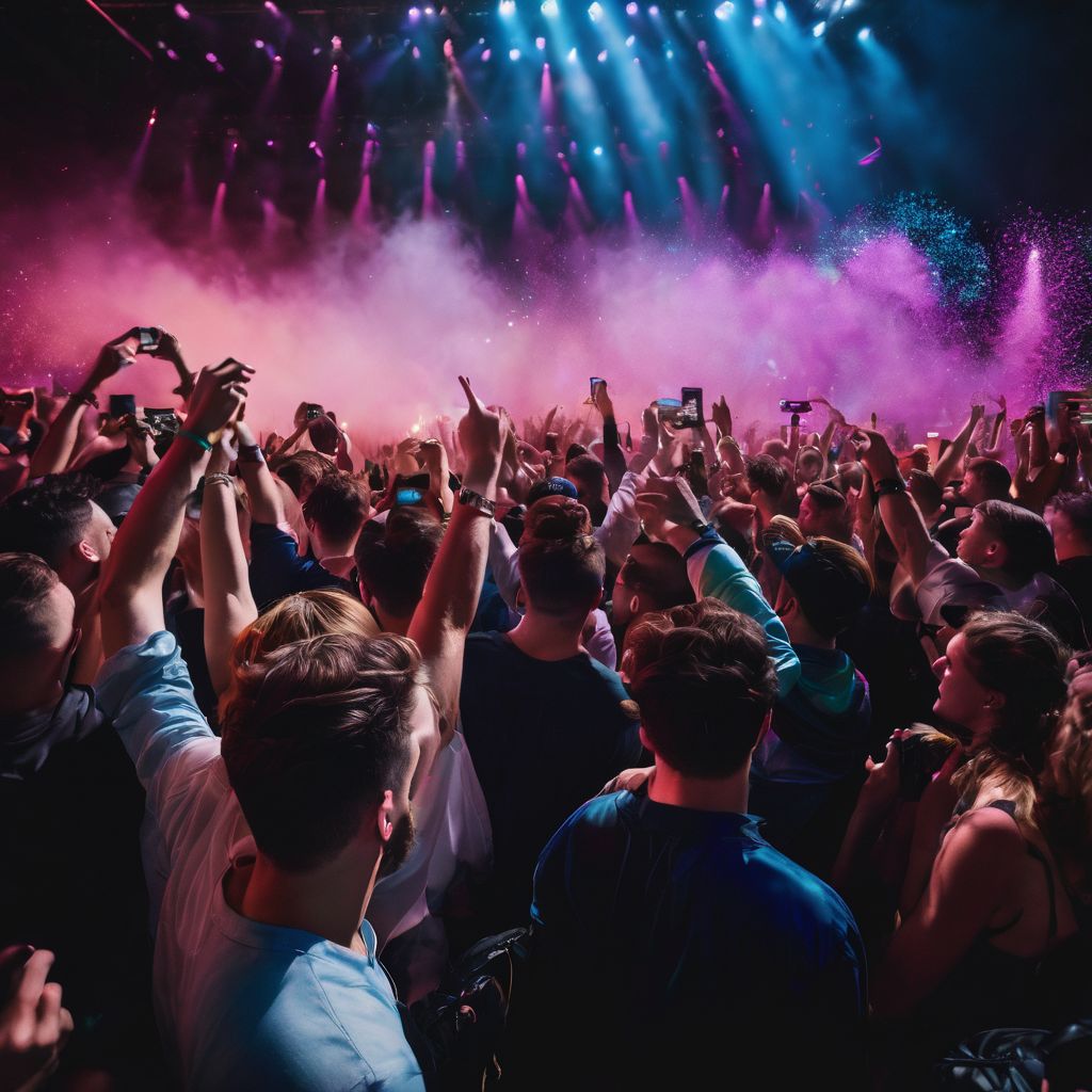 Fans cheering at a lively Majid Jordan concert with colorful lights.