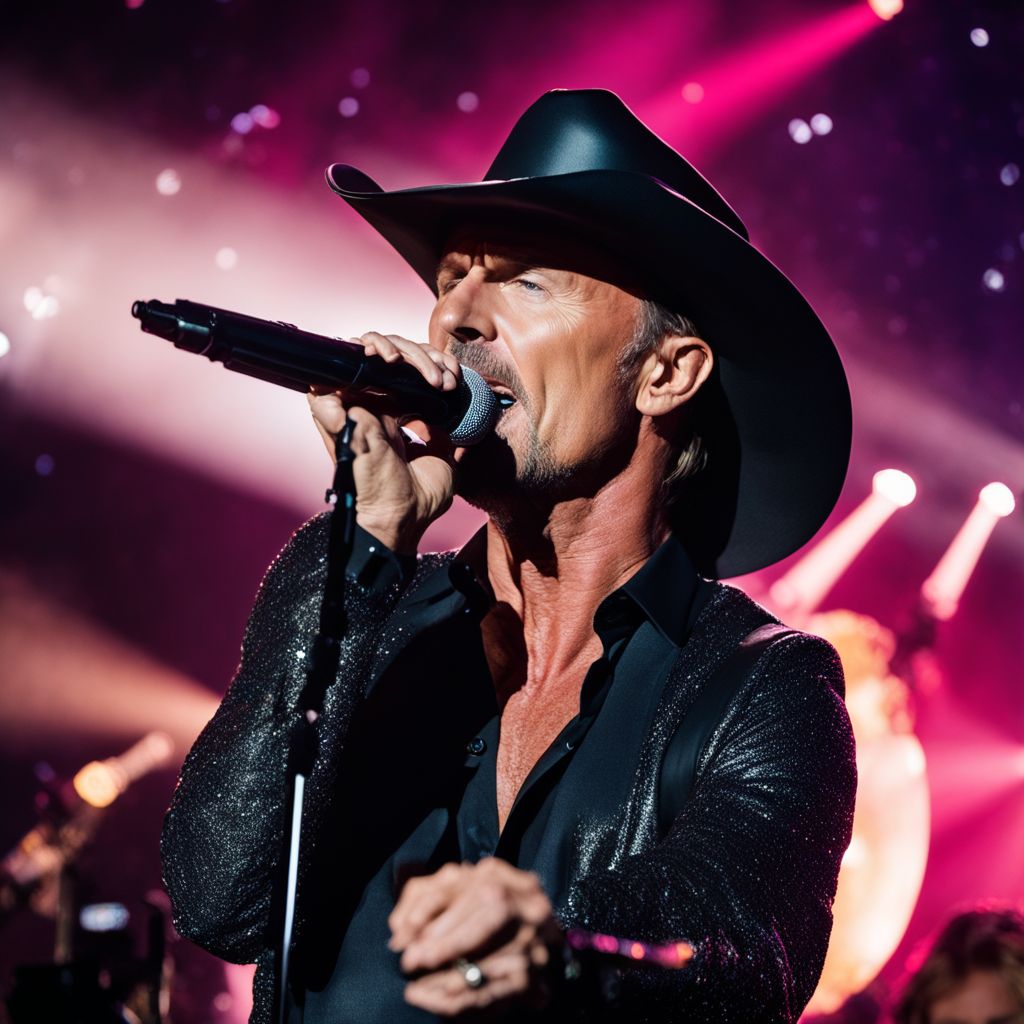 Tim McGraw performing on a grand stage under a starry night.