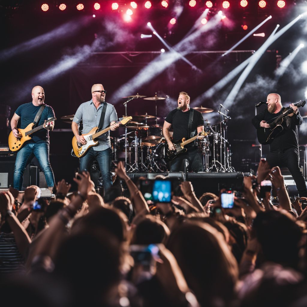 The band MercyMe performing live at a music festival with devoted fans.
