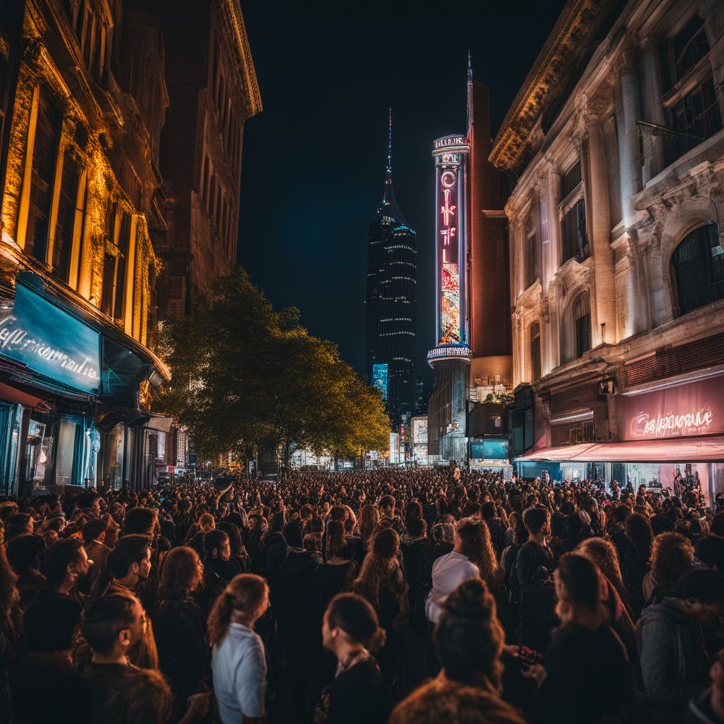 A diverse crowd of concert-goers gather outside a bustling music venue.