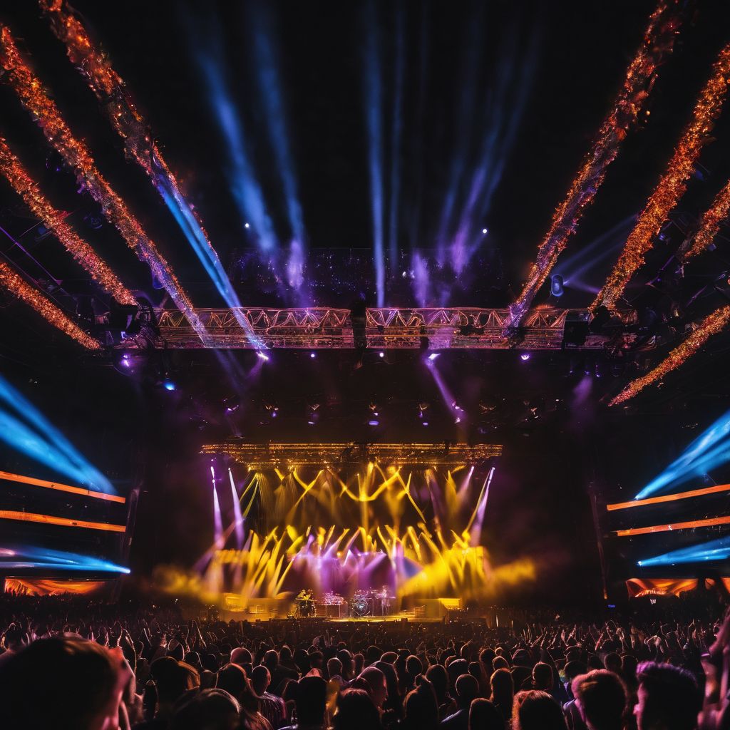 A vibrant concert venue filled with diverse individuals and a bustling atmosphere.