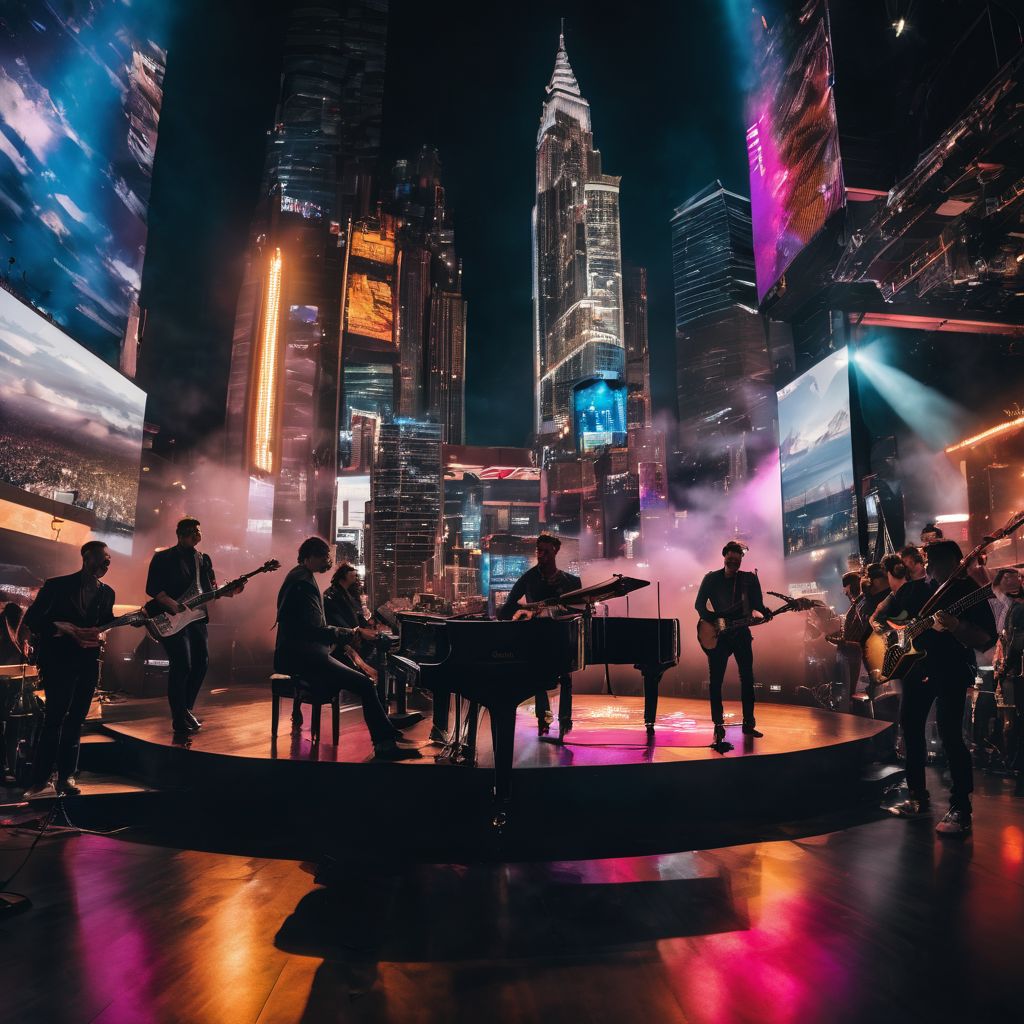 A diverse group of musicians performing on a futuristic stage in a bustling atmosphere.