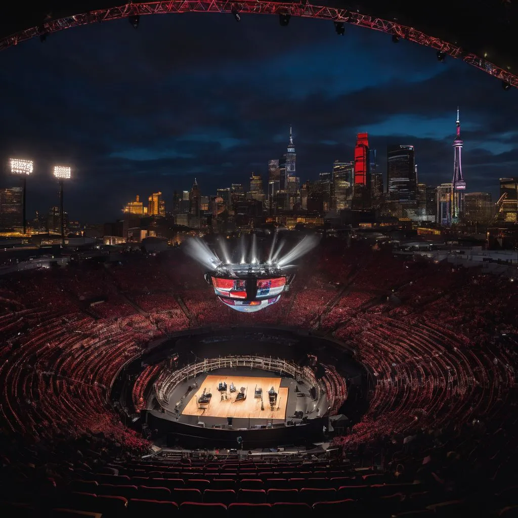 An empty concert stage with diverse people and city skyline backdrop.