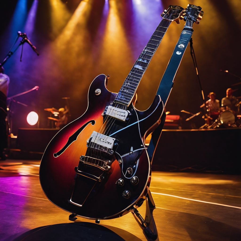 A vintage electric guitar on a stage with colorful spotlights.