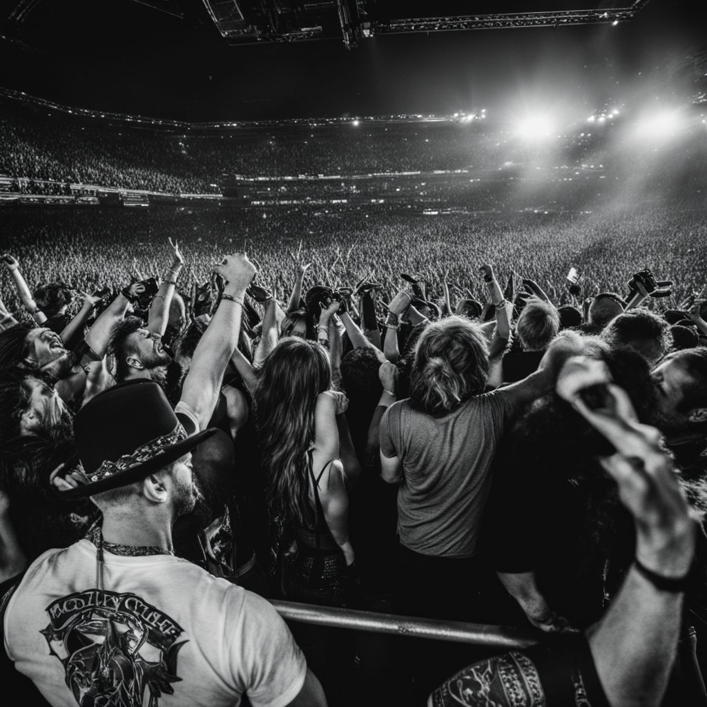 Fans cheering at a Mötley Crüe concert while the band performs.