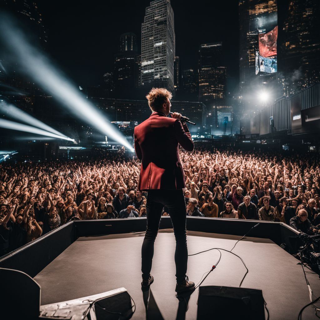 Ian Munsick performing on stage to a large diverse audience.