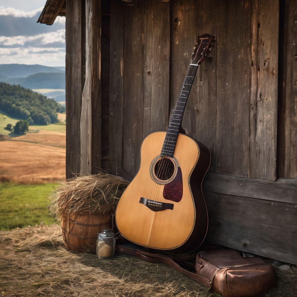 A rustic guitar leans against a weathered barn in the rolling hills.