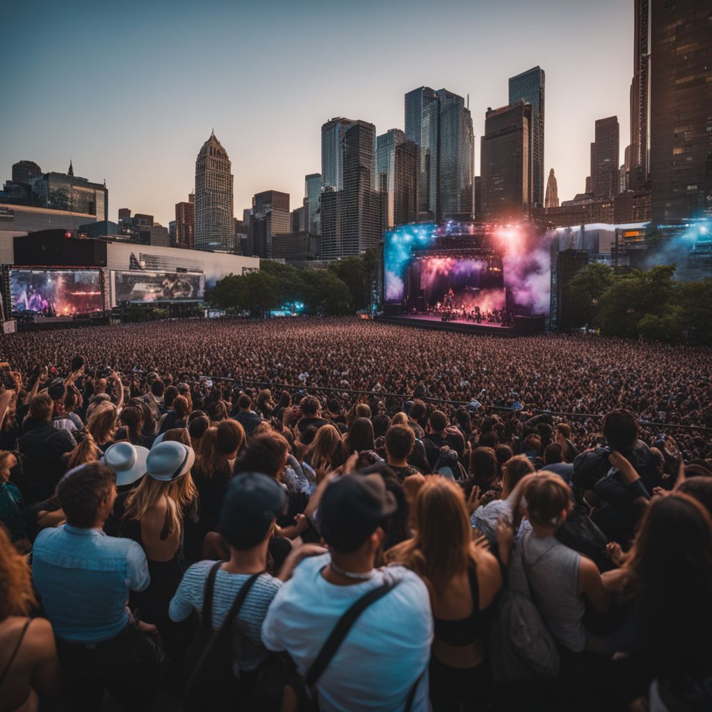 A vibrant outdoor concert with a bustling crowd swaying to the music.