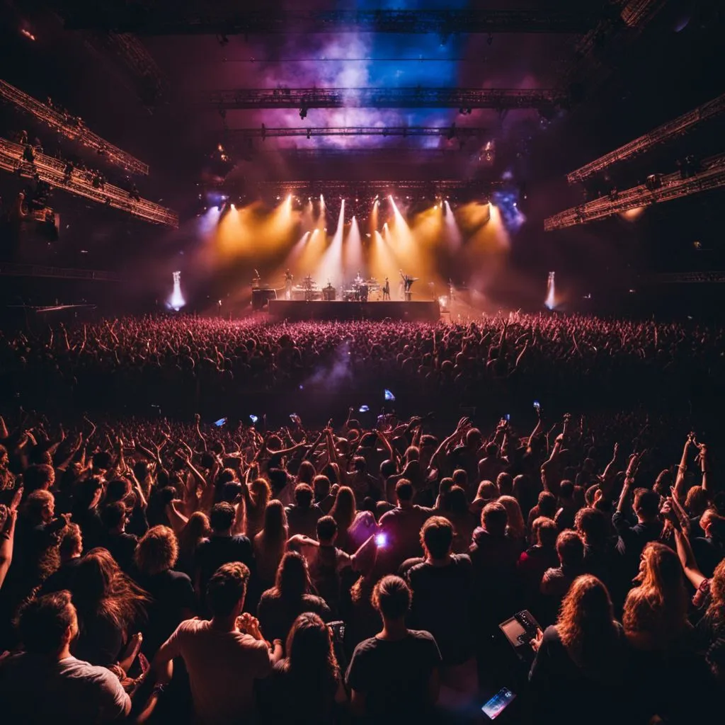 A crowded concert venue with a high-energy live performance captured.