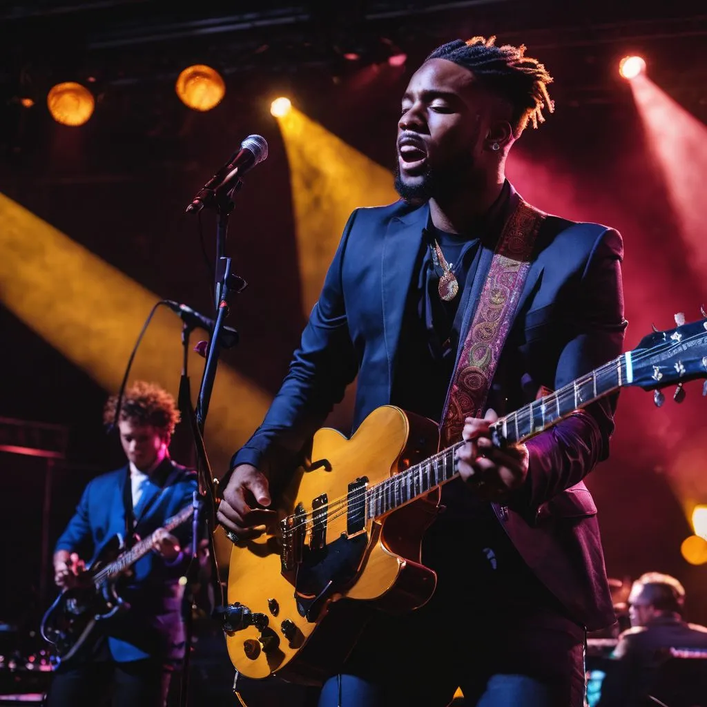 Nate Smith performing with his band in a vibrant concert atmosphere.