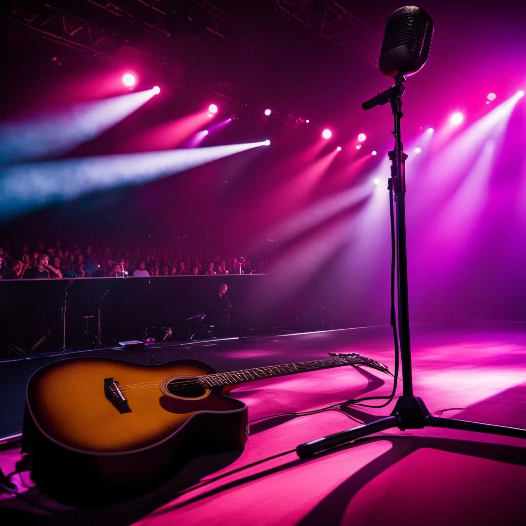 An empty concert stage with vibrant stage lights illuminating a guitar and microphone.