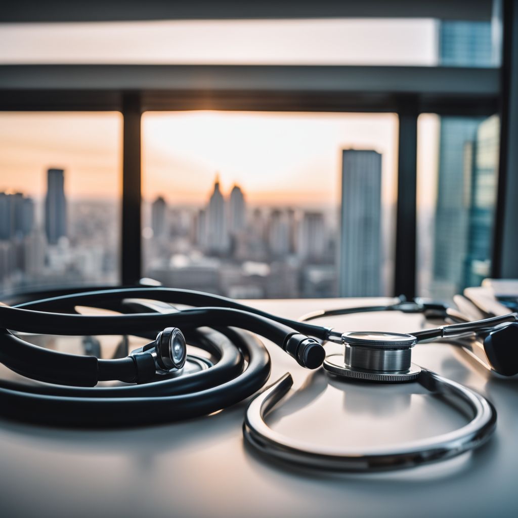 A stethoscope lying on a hospital bed with a city view.