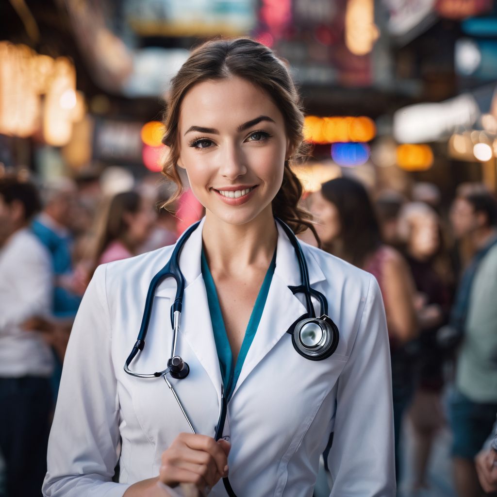 A stethoscope draped over a bustling comedy venue with diverse crowd.