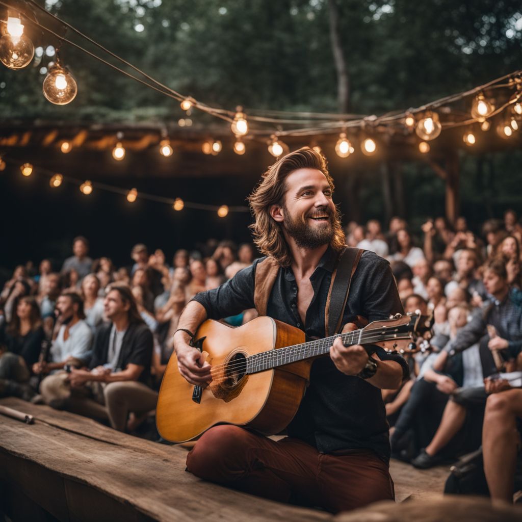 Oliver Anthony performing in a rustic outdoor amphitheater captured in high quality.
