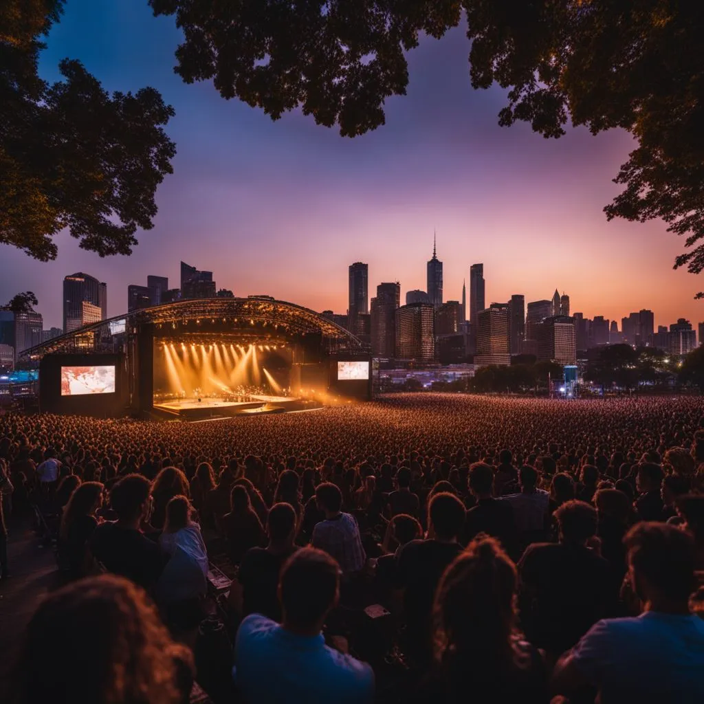 A vibrant concert venue with a diverse audience and cityscape backdrop.