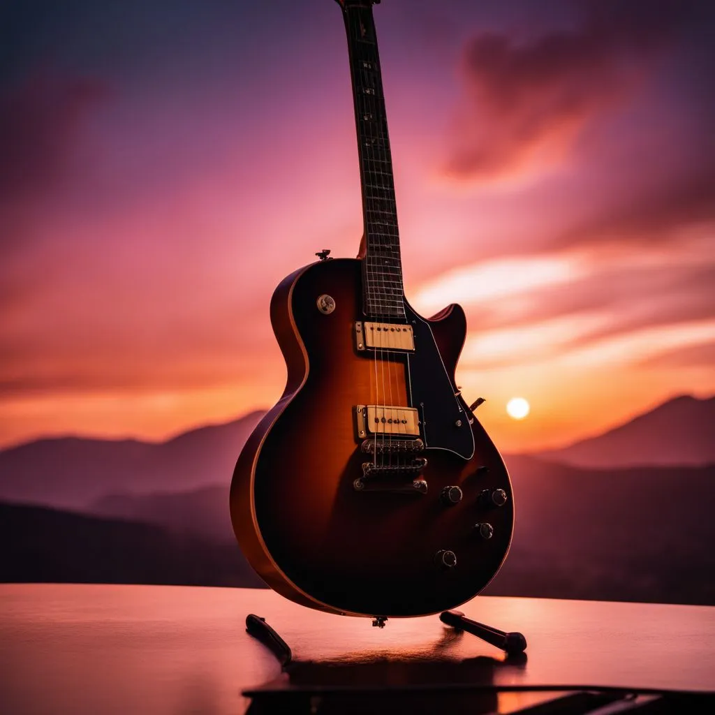 A silhouette of an electric guitar against a fiery sunset backdrop.