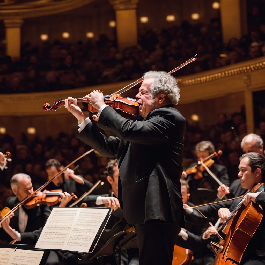 Renowned musician Itzhak Perlman performs with symphony orchestra at Carnegie Hall.