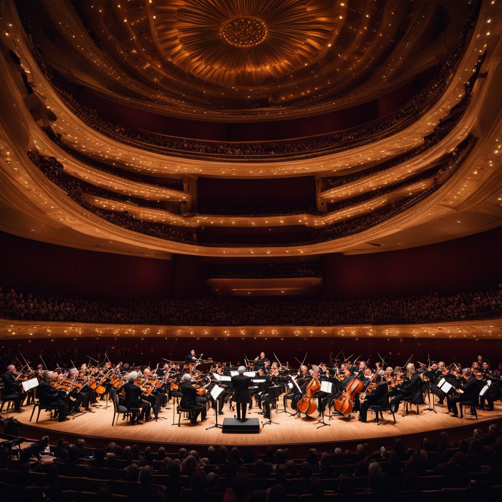 A maestro performing with an orchestra in a luxurious concert hall.