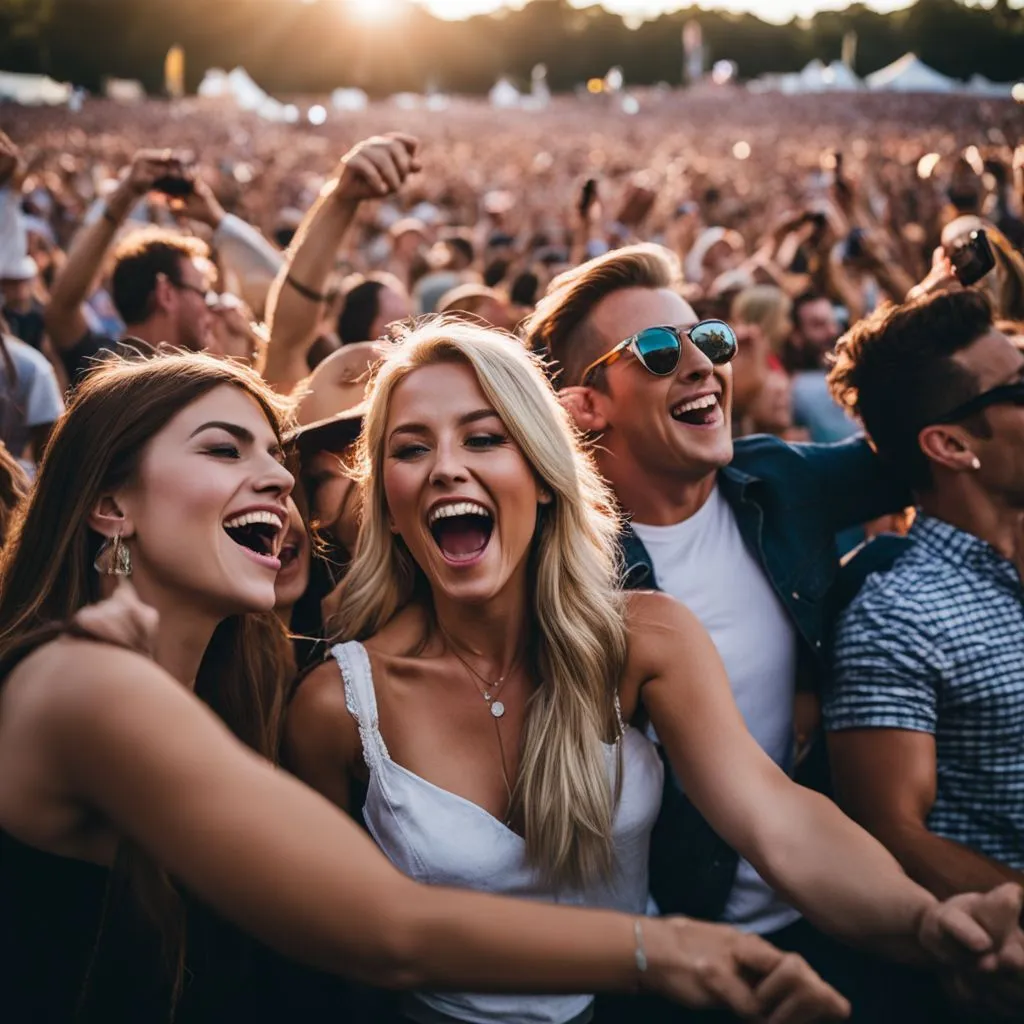 Enthusiastic fans cheer at outdoor country music concert.