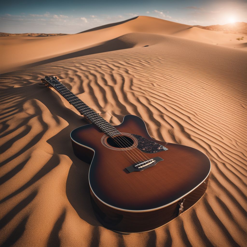 A guitar half-buried in a desert landscape.