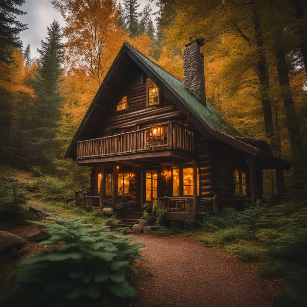 A cozy cabin in the woods surrounded by vibrant foliage.