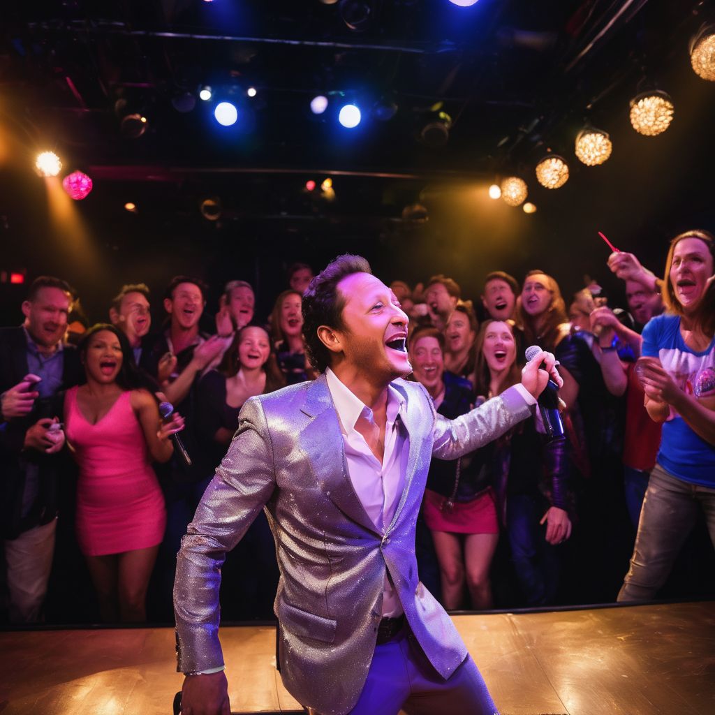 Rob Schneider performing comedy on stage with a lively audience.