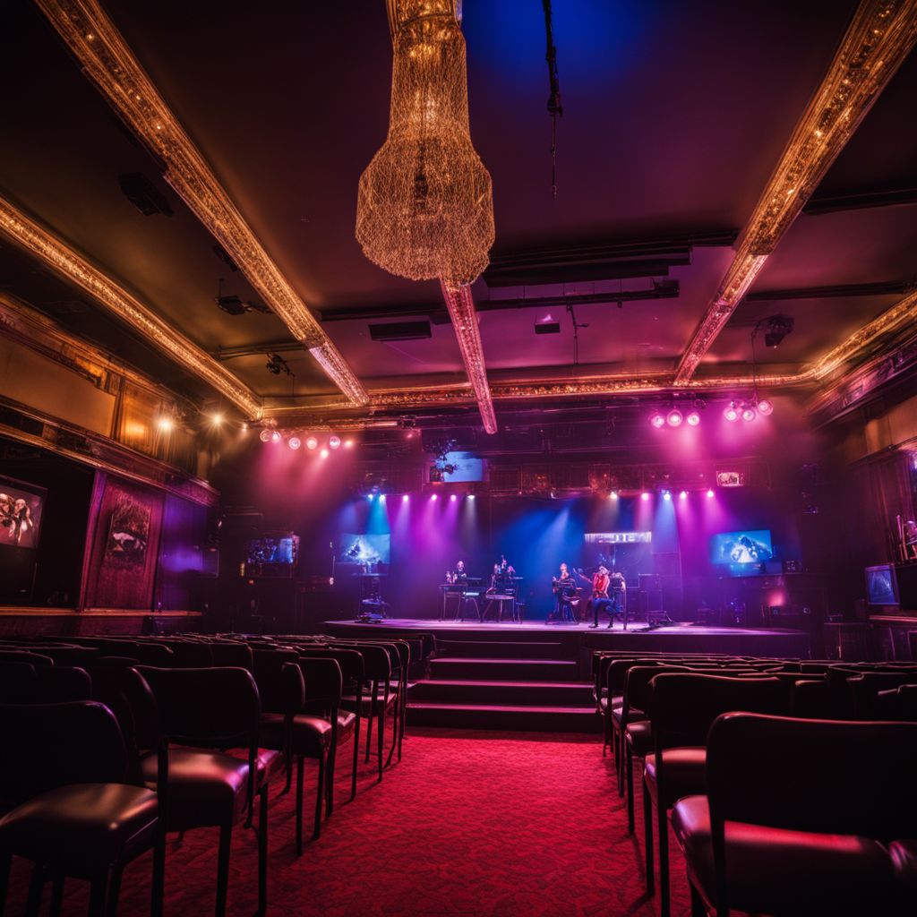 A comedy club stage with a lone microphone surrounded by empty seats.