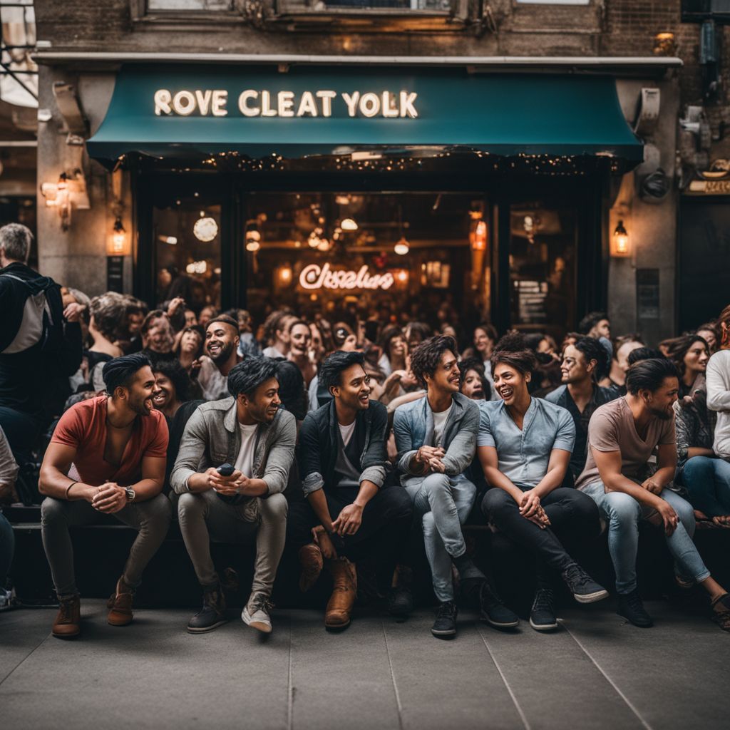 A diverse crowd eagerly awaits a comedy show in the city.