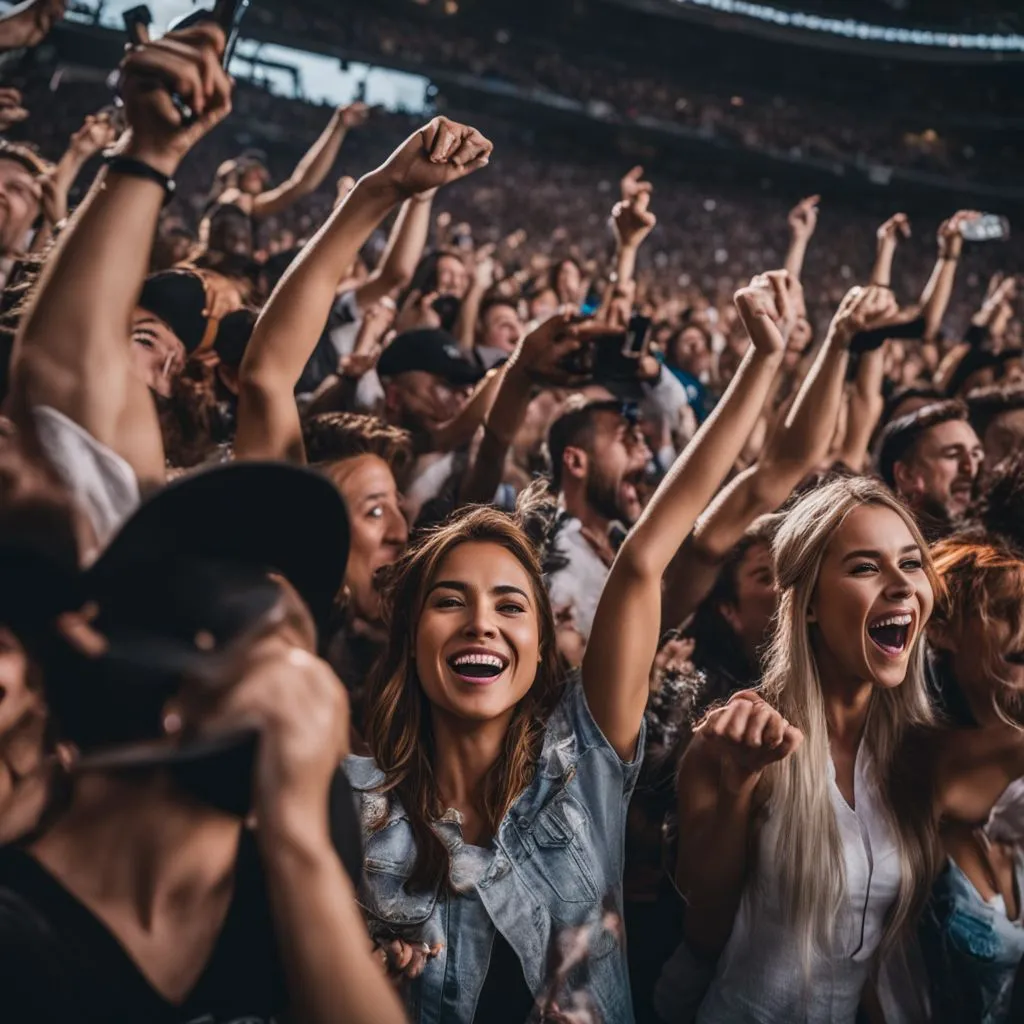 A lively stadium concert with a diverse crowd cheering ecstatically.