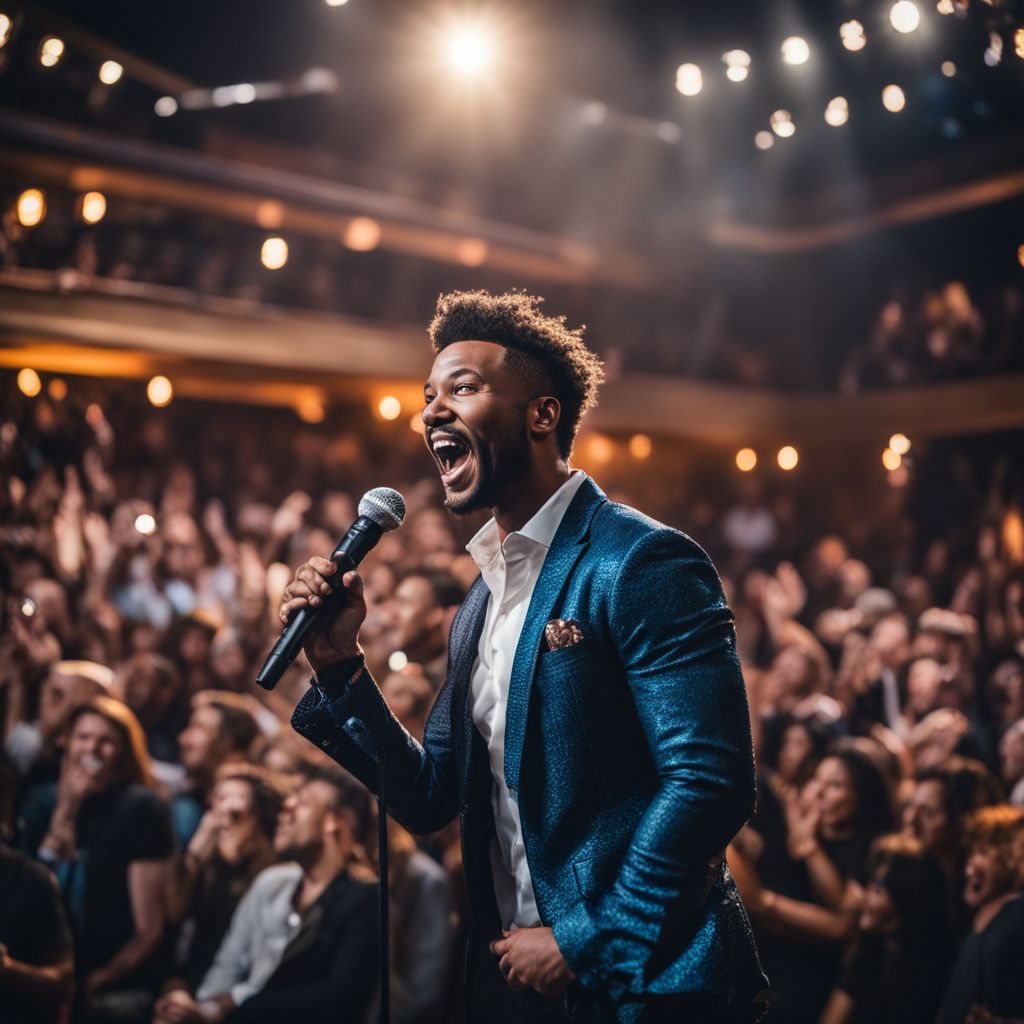 A comedian performs on stage in front of a large audience.