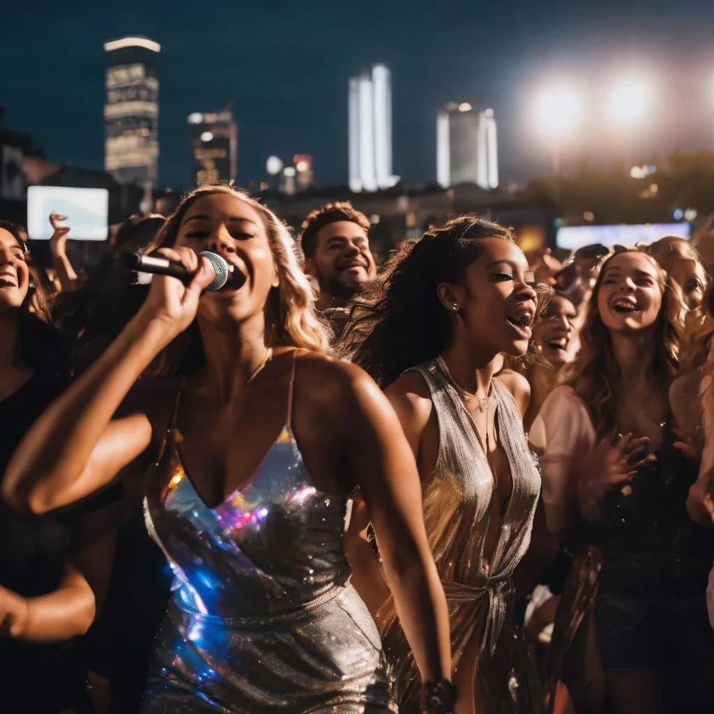 A lively outdoor concert with diverse fans singing and dancing.