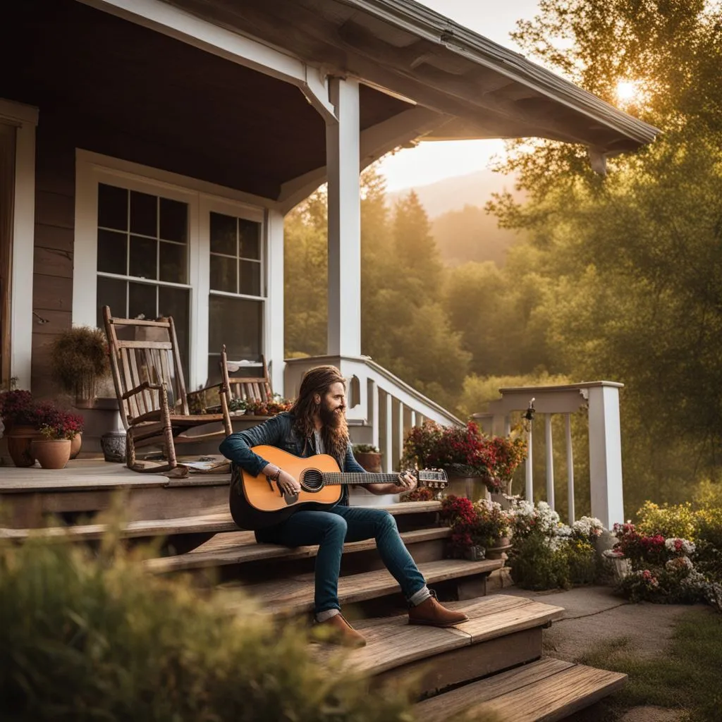 A musician playing guitar on a rural front porch.